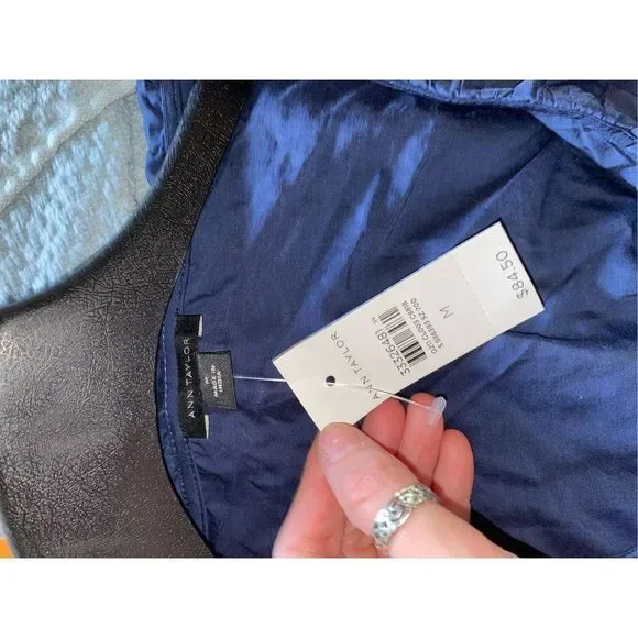 Ann Taylor NWT Scalloped Ruffle Wrap Top Navy Blue Blouse Sz Medium, MSRP $85 - Picture 8 of 10